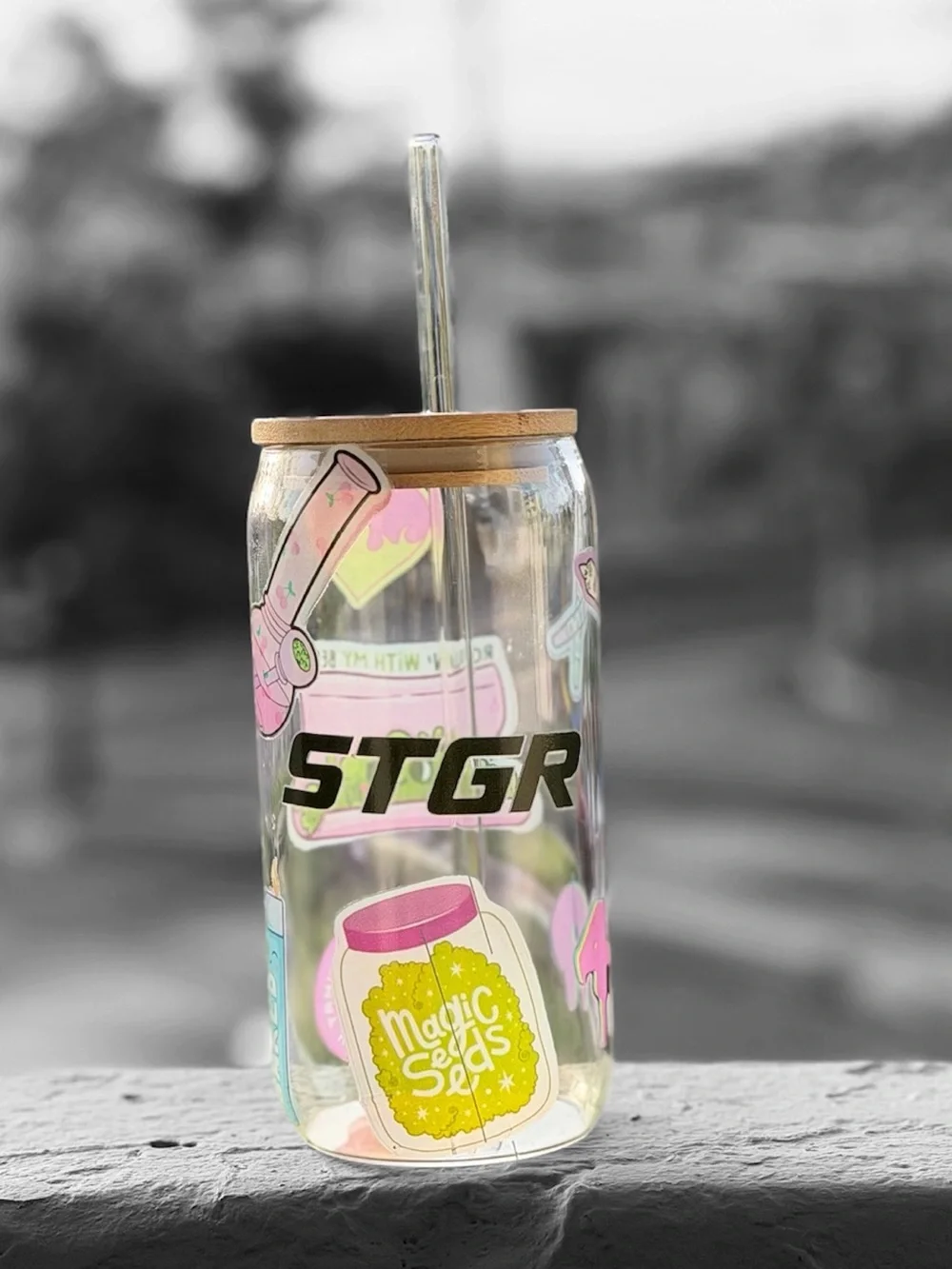 Clear Party Drink Jar with Pink Accents and Straw
